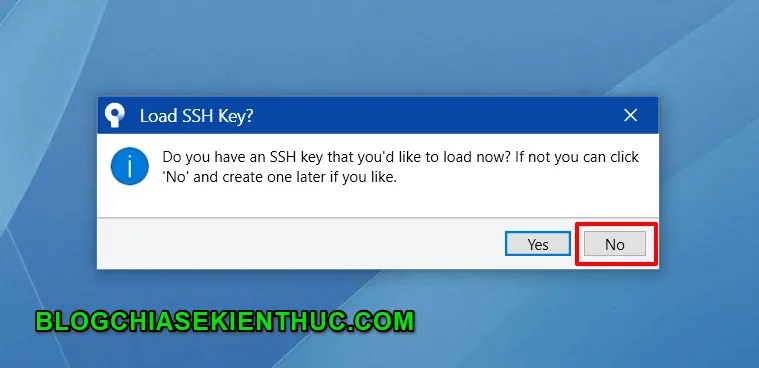 Hỏi về việc tải SSH Key (Tùy chọn No để thiết lập sau) trong SourceTree
