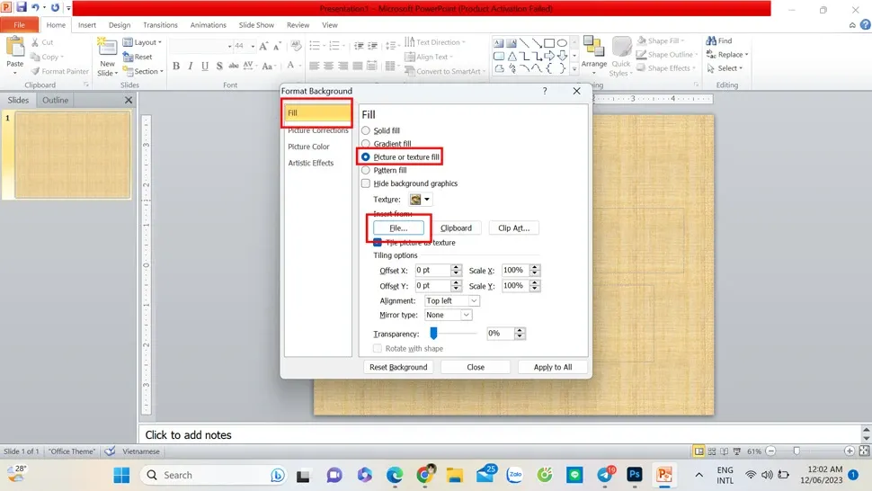 Hộp thoại chèn ảnh làm nền powerpoint từ tệp File