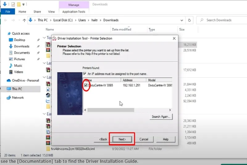 Hộp thoại chọn DocuCentre trong quá trình cài đặt máy in