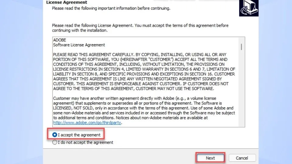 Hộp thoại chọn 'I accept the agreement' trong các bước cách cài camera raw vào photoshop