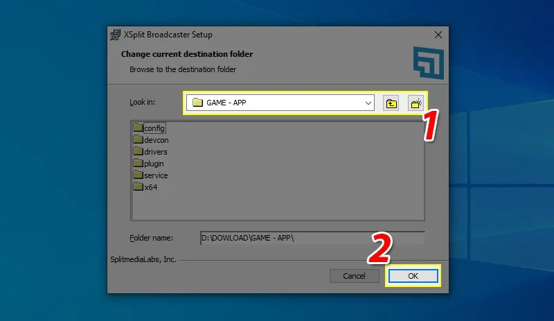 Hộp thoại duyệt thư mục trên Windows, người dùng chọn vị trí cụ thể để cài đặt phần mềm XSplit Broadcaster