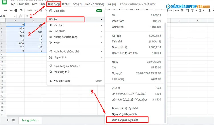 Hộp thoại Format Cells trong Excel để truy cập Custom Number Format