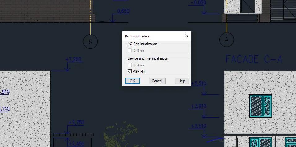 Hộp thoại Re-initialization trong AutoCAD sau khi cài lệnh tắt trong CAD mới