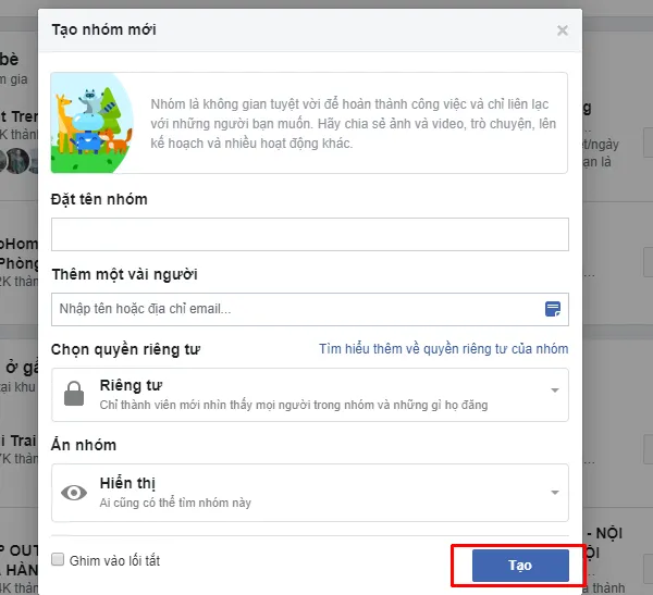 Hộp thoại thiết lập quyền riêng tư Công khai, Kín, Bí mật khi tạo nhóm