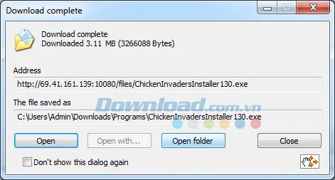 Hộp thoại thông báo hoàn thành tải xuống và các tùy chọn mở tệp video.