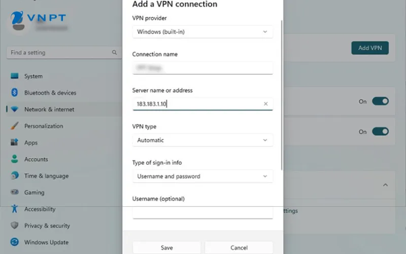 Hướng dẫn cách cài đặt VPN tích hợp trên Windows 11: Nhập thông tin cấu hình VPN