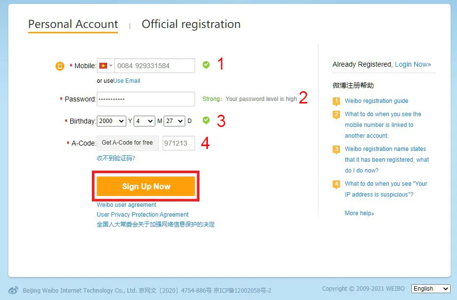 Hướng dẫn cách đăng ký tạo tài khoản Weibo bước 2