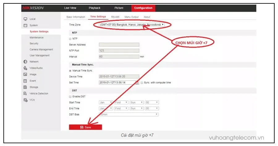 Hướng dẫn cài đặt múi giờ khi cài đặt đầu ghi camera Hikvision