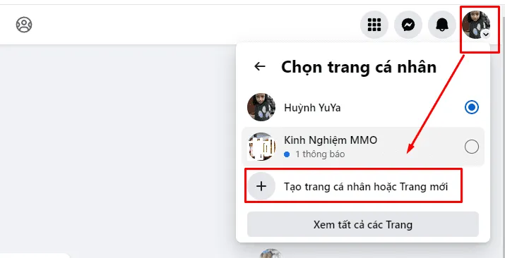 Hướng dẫn chi tiết cách tạo nick facebook phụ trên giao diện máy tính, bước chọn menu