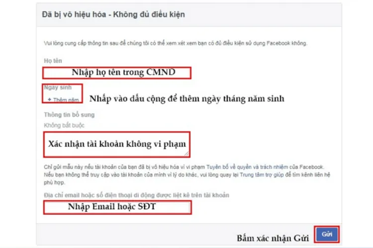 Hướng dẫn điền thông tin để lấy lại tài khoản Facebook bị khóa do nghi ngờ mạo danh