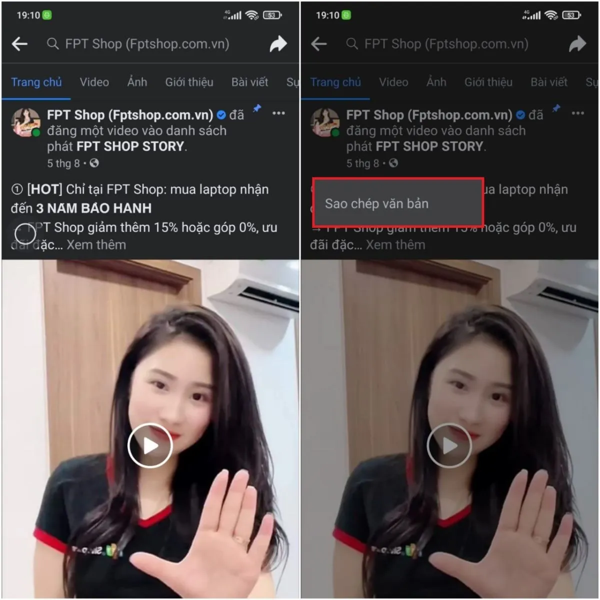 Hướng dẫn nhấn giữ nội dung và chọn Sao chép Văn bản trên ứng dụng Facebook của Android