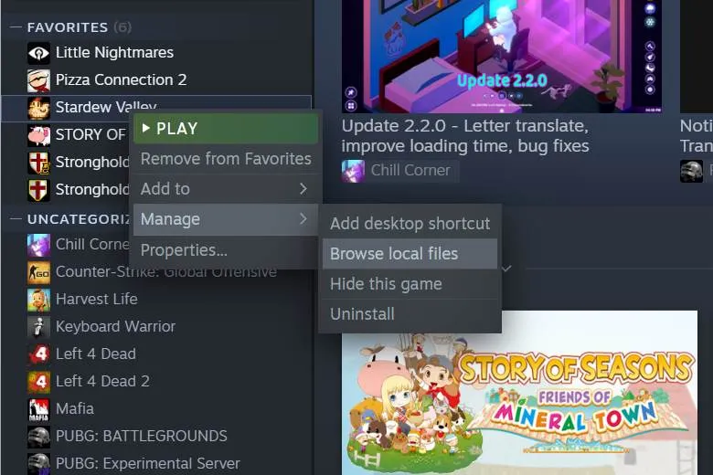 Hướng dẫn nhấp chuột phải vào Stardew Valley trong thư viện Steam, chọn Manage rồi Browse local files để tìm thư mục game gốc