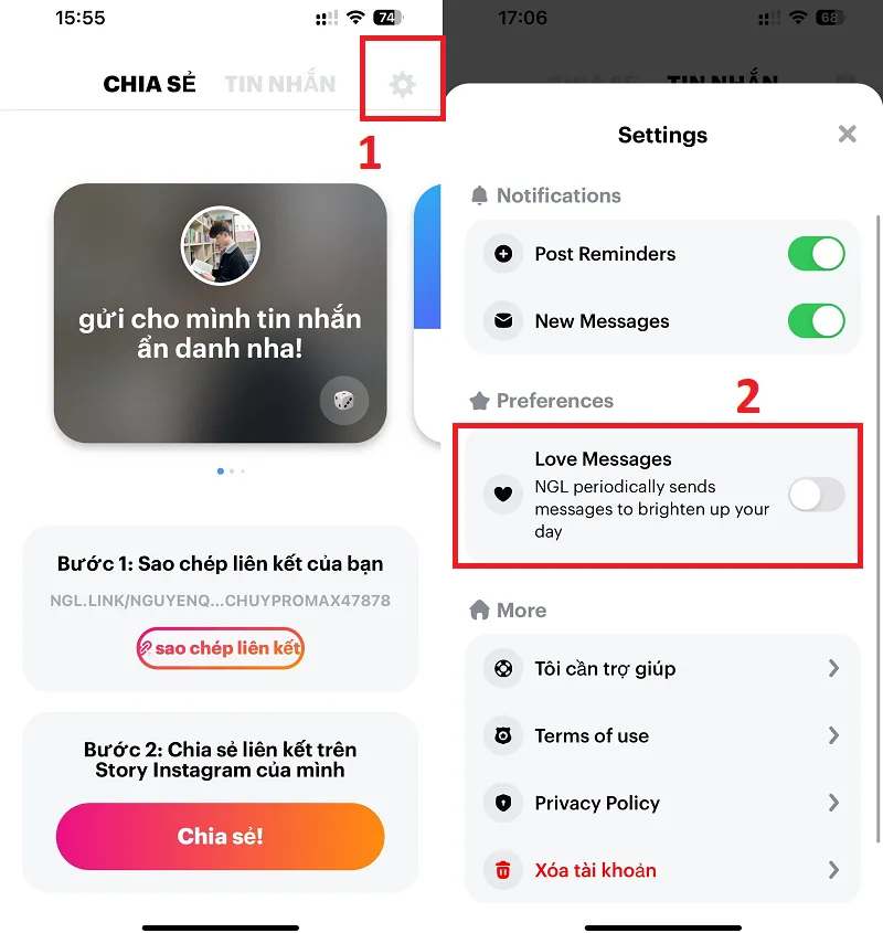 Hướng dẫn tắt tính năng Love messenger để loại bỏ tin nhắn giả (bot) trong NGL