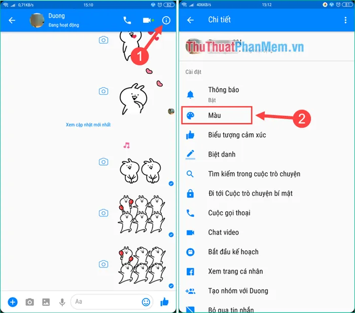 Hướng dẫn thay đổi màu sắc chat Messenger trên điện thoại bằng cách nhấn vào biểu tượng chữ i và chọn Màu