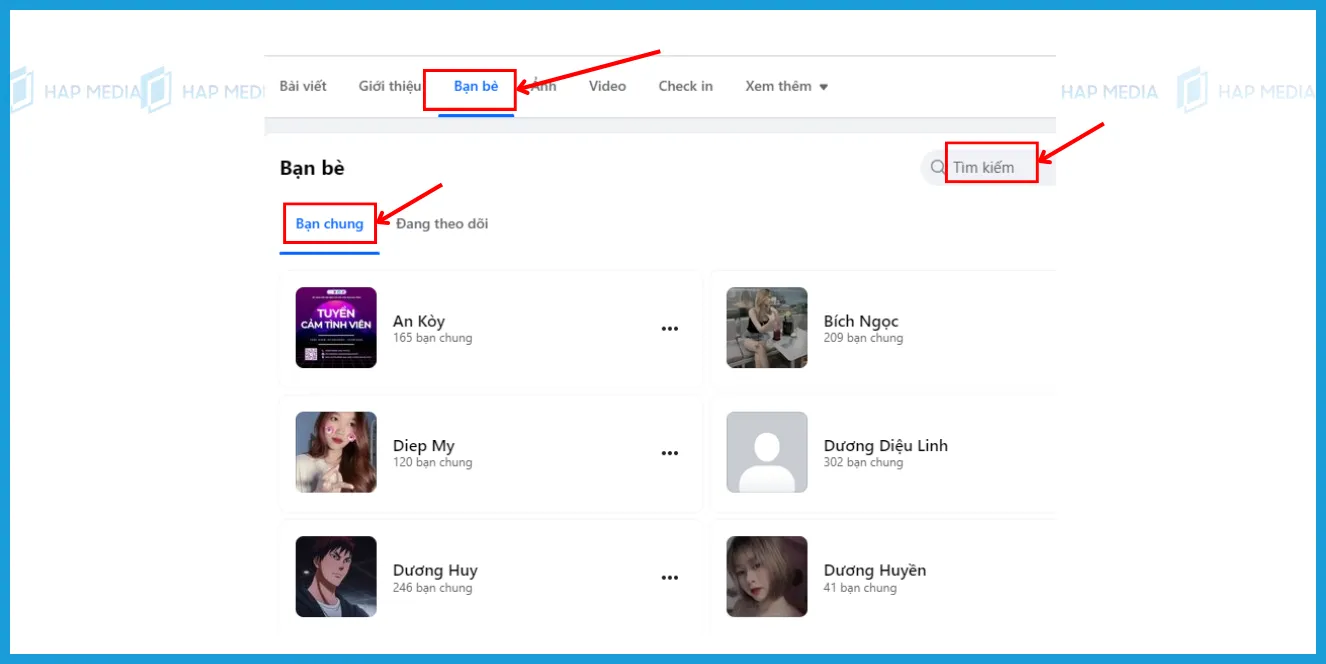 Hướng dẫn tìm bạn chung trên giao diện máy tính Facebook