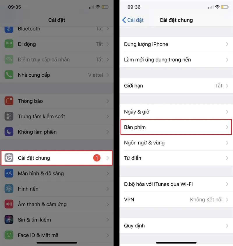 Hướng dẫn vào Cài đặt chung và mục Bàn phím trên iPhone để thay đổi bàn phím