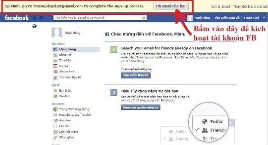 Hướng dẫn vào email để kích hoạt tài khoản Facebook sau khi hoàn tất đăng ký