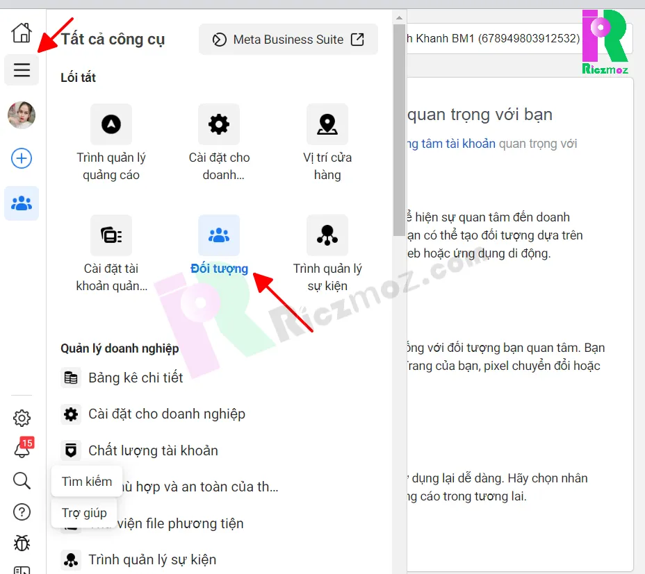 Hướng dẫn vào mục Đối tượng để chạy quảng cáo Facebook bằng điện thoại