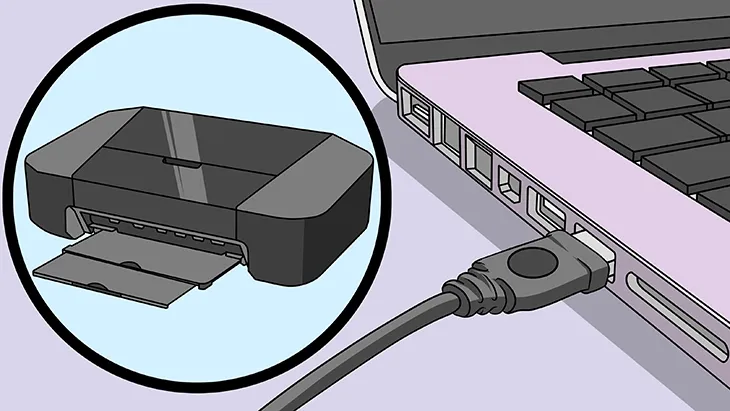 Kết nối dây nguồn máy in với máy tính để bắt đầu cài máy in