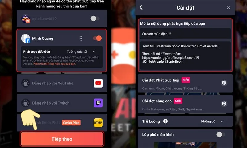 Kết nối Omlet Arcade với Facebook để thực hiện cách live stream game len Facebook