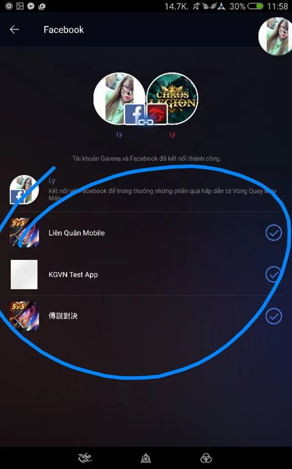 Kết nối tài khoản Facebook và Garena đã thành công.