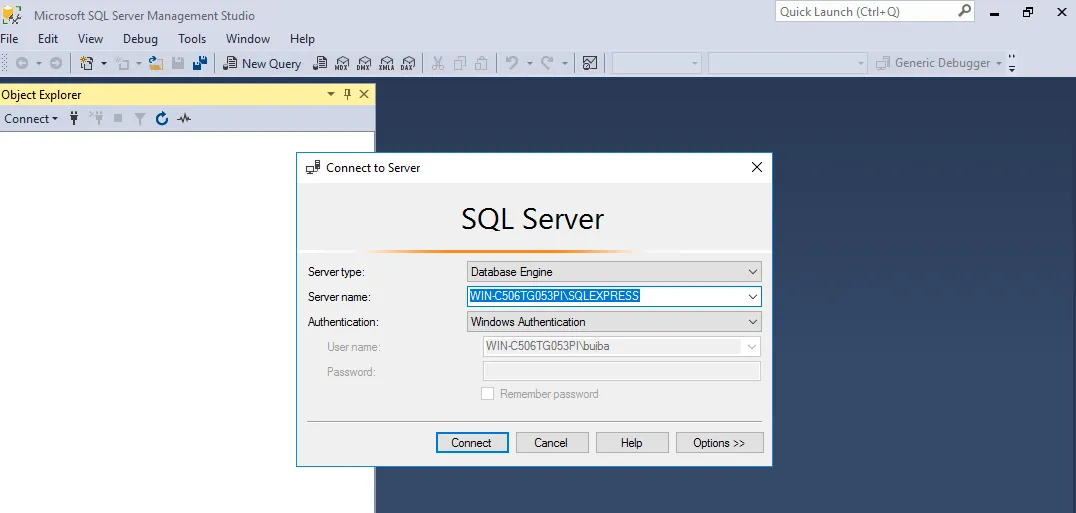 Kết nối tới SQL Server 2016 Express bằng SQL Server Management Studio