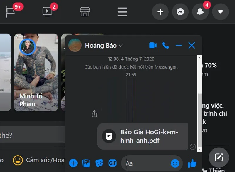 Kết quả file đã được chia sẻ thành công trên cửa sổ chat Messenger PC