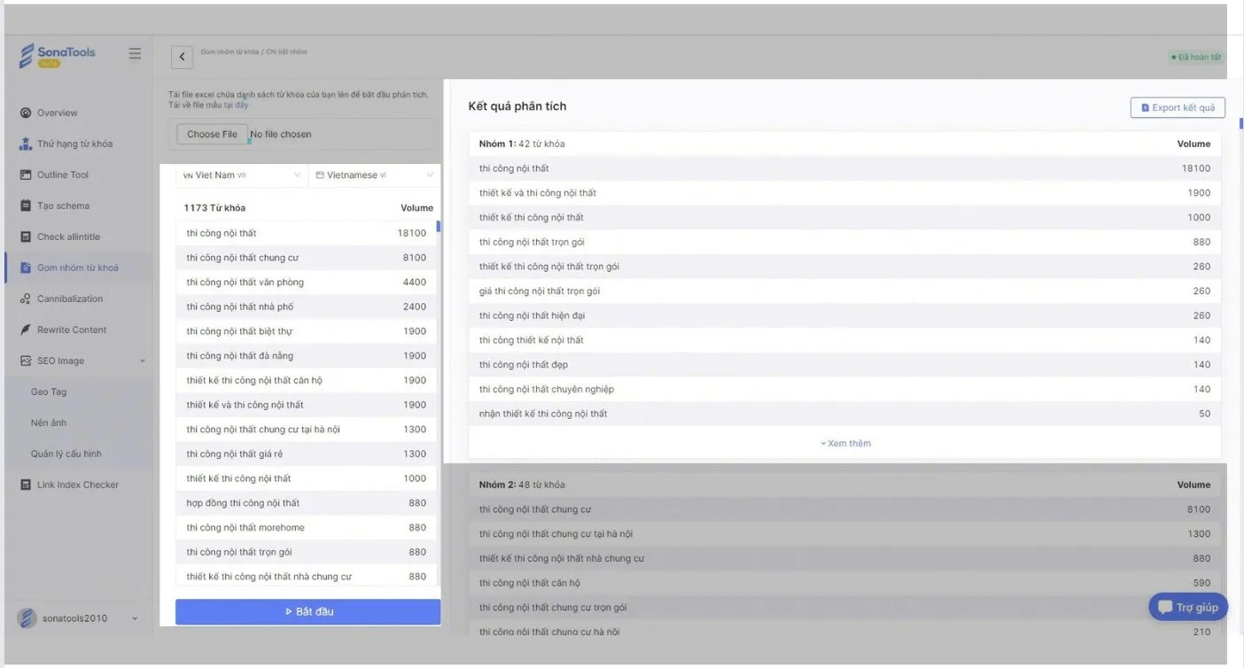 Kết quả gom nhóm từ khóa chung Search Intent bằng Sonatools