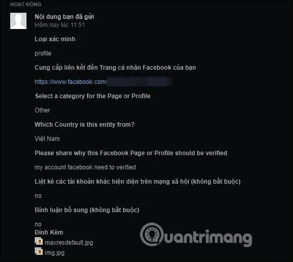 Kết quả gửi đề nghị xác minh cho profile Facebook