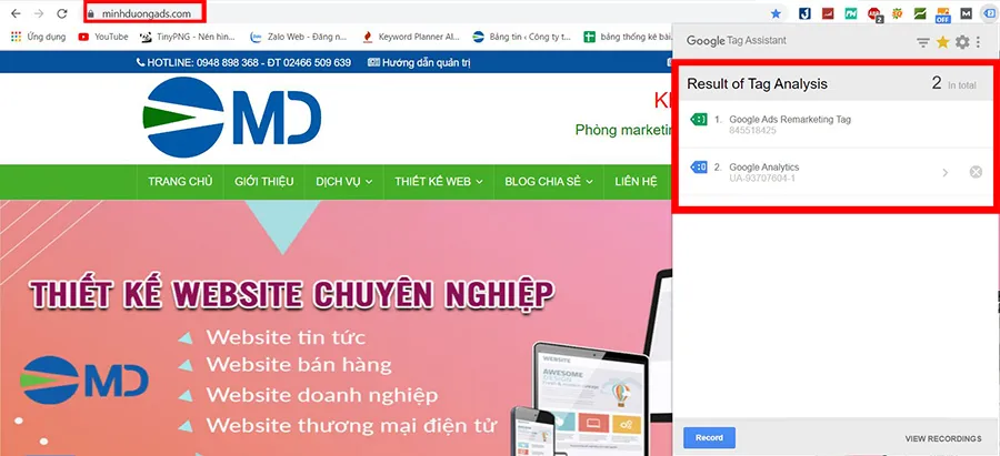 Kết quả kiểm tra cài đặt Google Analytics thành công bằng tiện ích Tag Assistant