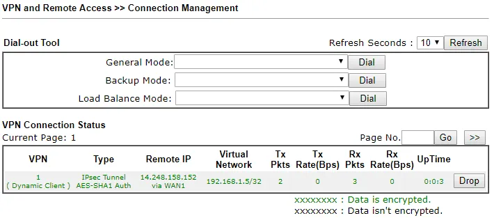 Kết quả kiểm tra kết nối IPSec VPN thành công trên Router Vigor
