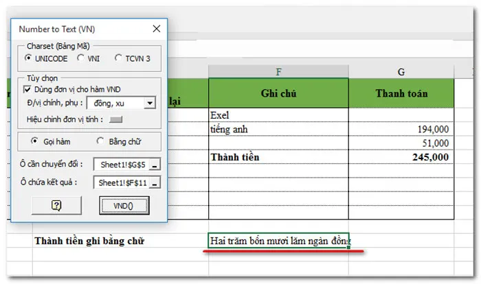 Kết quả sau khi chuyển đổi số thành chữ bằng VnTools, hiển thị dạng chữ viết