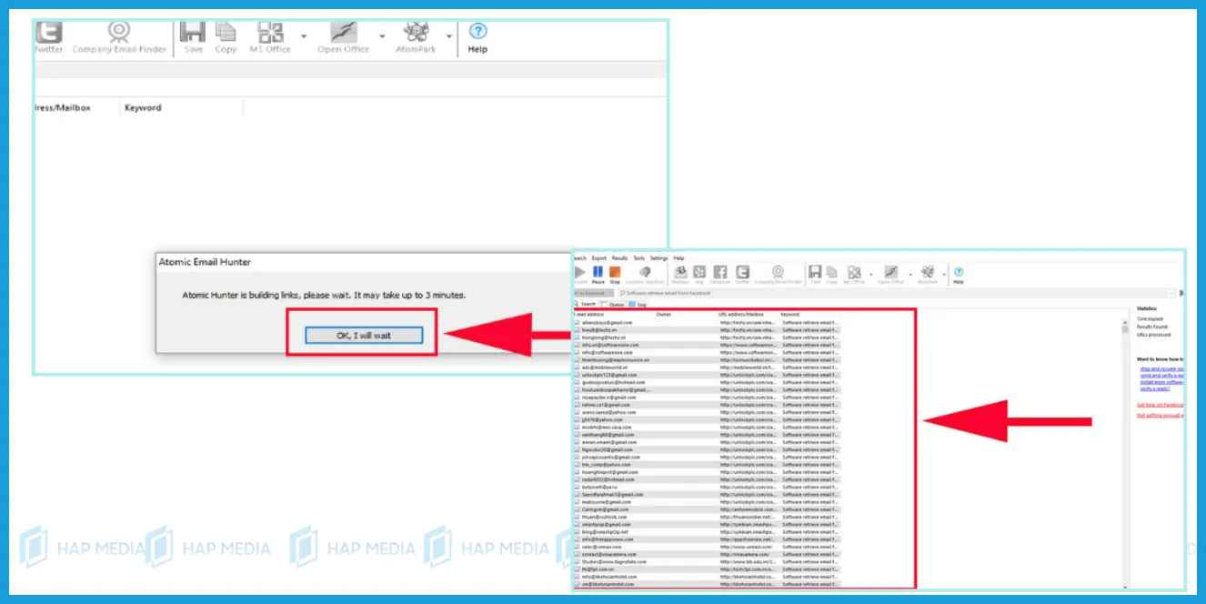 Kết quả tìm kiếm email qua Atomic Email Hunter