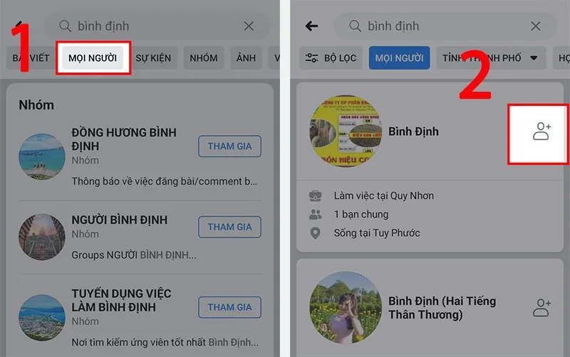 Kết quả tìm kiếm trên Facebook, chọn mục 'Mọi người' và nhấn vào nút thêm bạn bè để gửi lời mời kết nối
