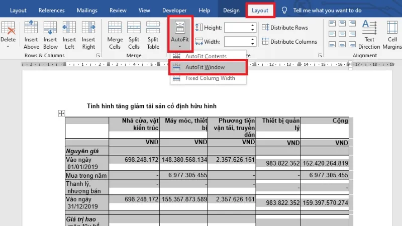 Khắc phục lỗi tràn bảng trong Word 2013 bằng tùy chọn AutoFit Window
