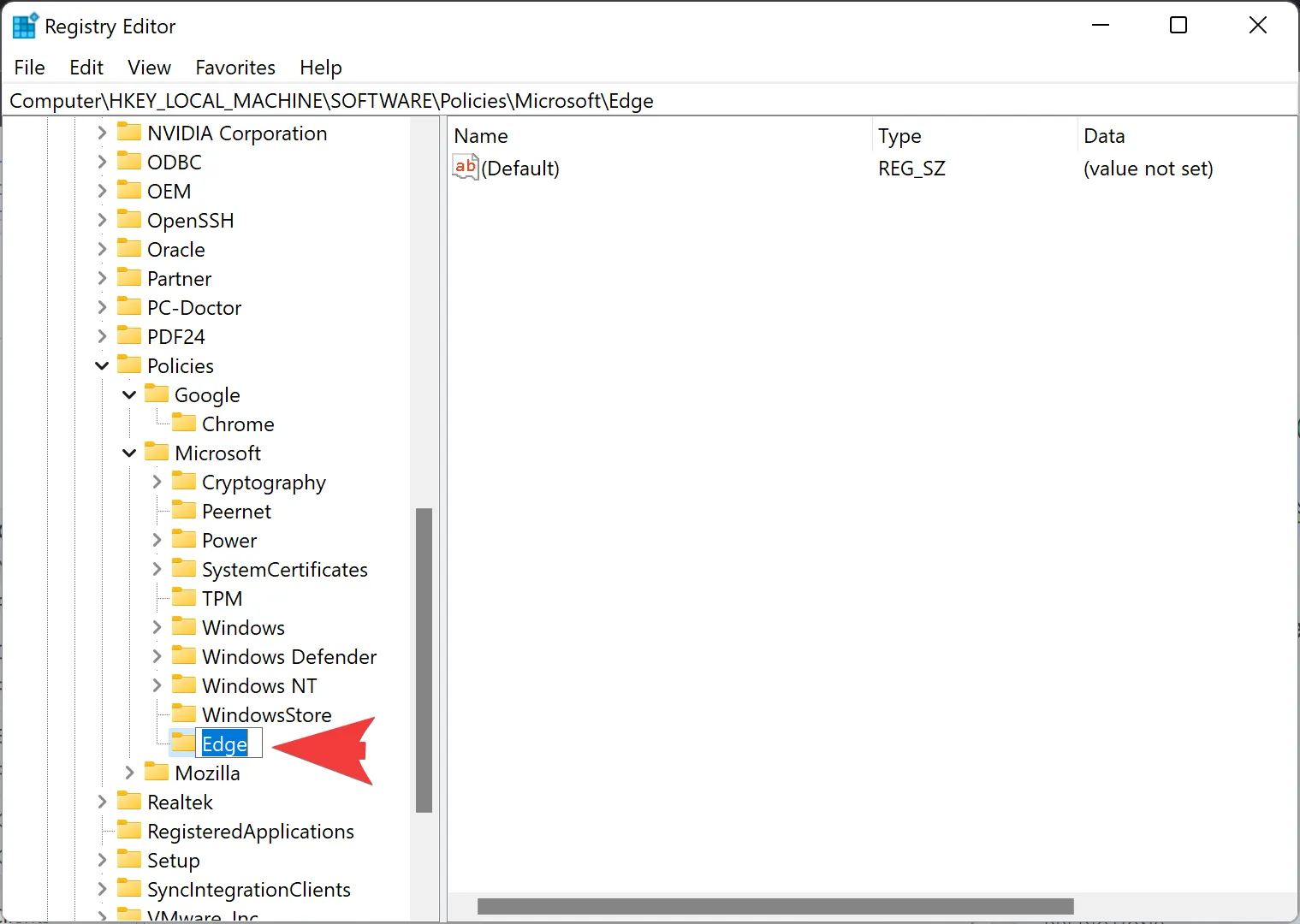 Khóa Edge đã được tạo trong Registry
