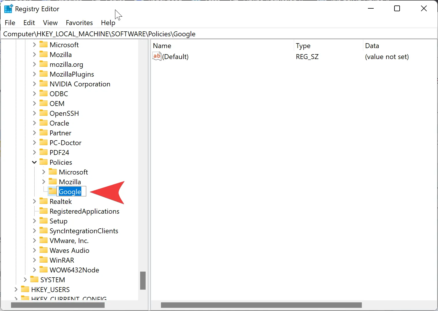 Khóa Google đã được tạo trong Registry để cấu hình Chrome