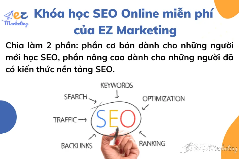 Khóa học SEO Online miễn phí của EZ Marketing chia làm 2 phần: phần cơ bản dành cho những người mới học SEO, phần nâng cao dành cho những người đã có kiến thức nền tảng SEO.