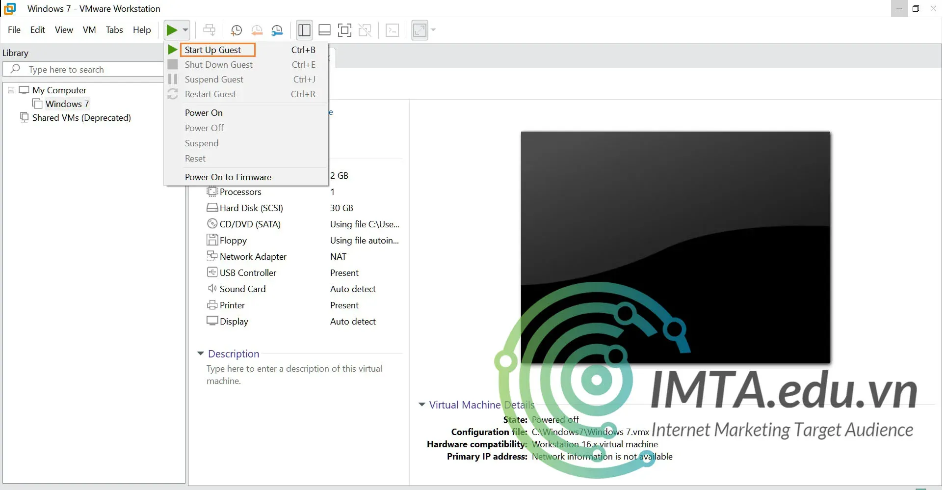 Khởi động hệ điều hành của máy ảo đã Shut Down
