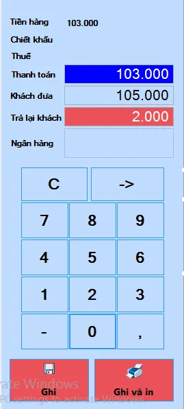 Khu vực điền số tiền khách đưa và các tùy chọn Ghi hóa đơn hoặc Ghi và in để hoàn tất giao dịch