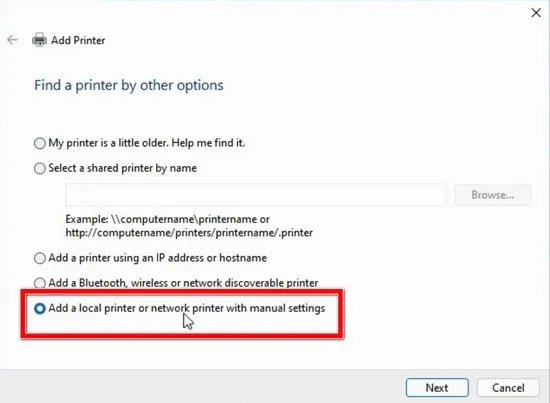 Kích chọn Thêm thủ công (Add manually) để bắt đầu cài đặt máy in