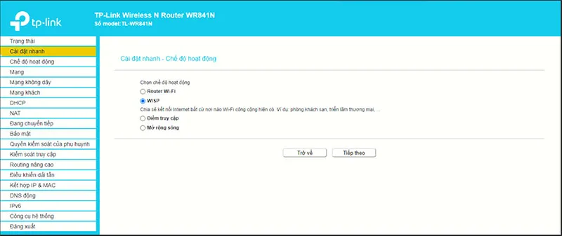Kích hoạt chế độ WISP ở Modem WiFi chính để thiết lập kết nối 2 Modem WiFi