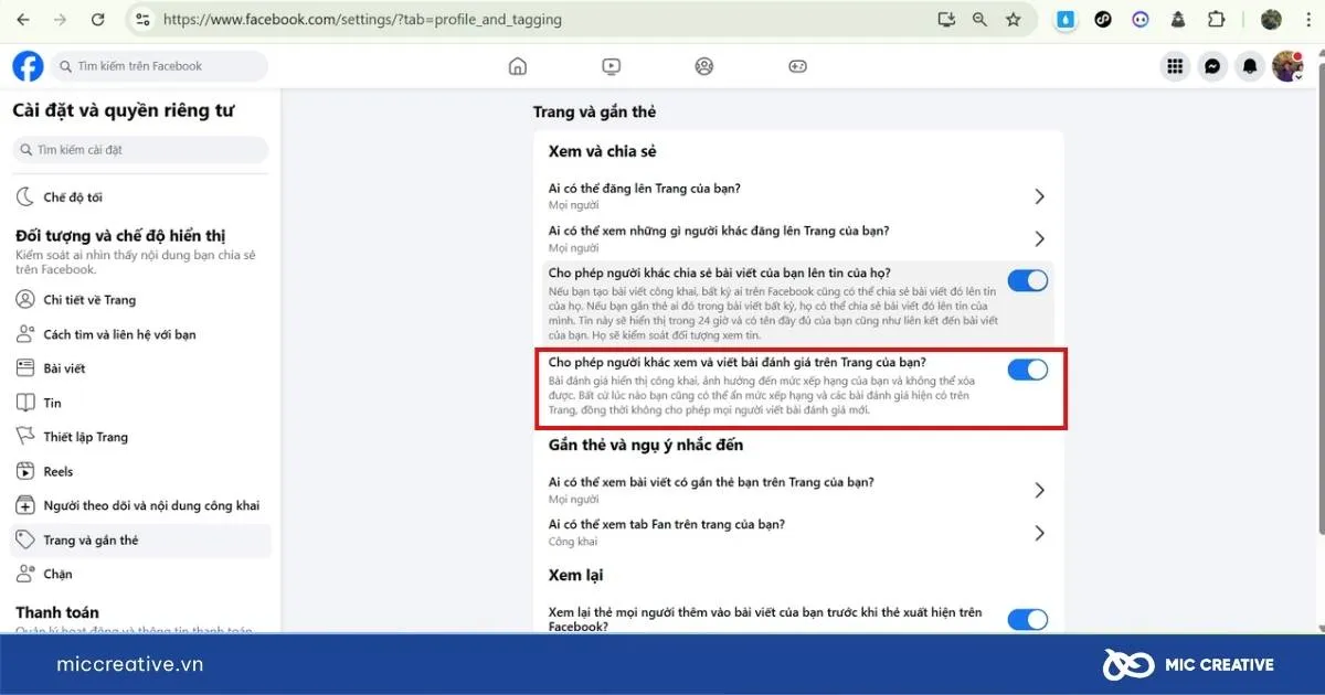 Kích hoạt tính năng cho phép người khác xem và viết bài đánh giá Fanpage