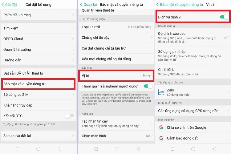 Kích hoạt tính năng Vị trí trong Bảo mật và quyền riêng tư trên OPPO