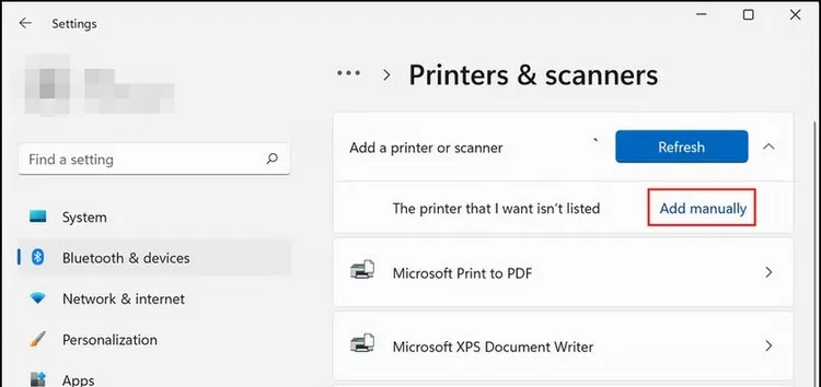 Kích nút Add device và chọn Add manually nếu máy in không được tìm thấy