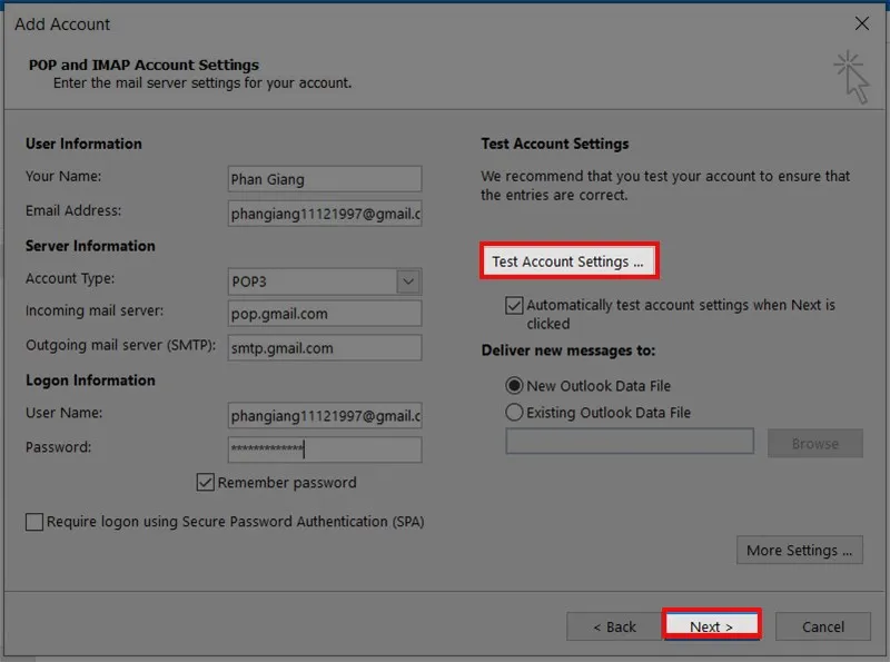 Kiểm tra Account Setting trước khi hoàn thành cài đặt