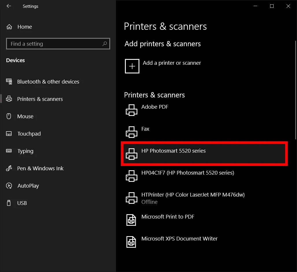 Kiểm tra máy in đã được thêm thành công trong mục Printers & Scanners của Windows Settings