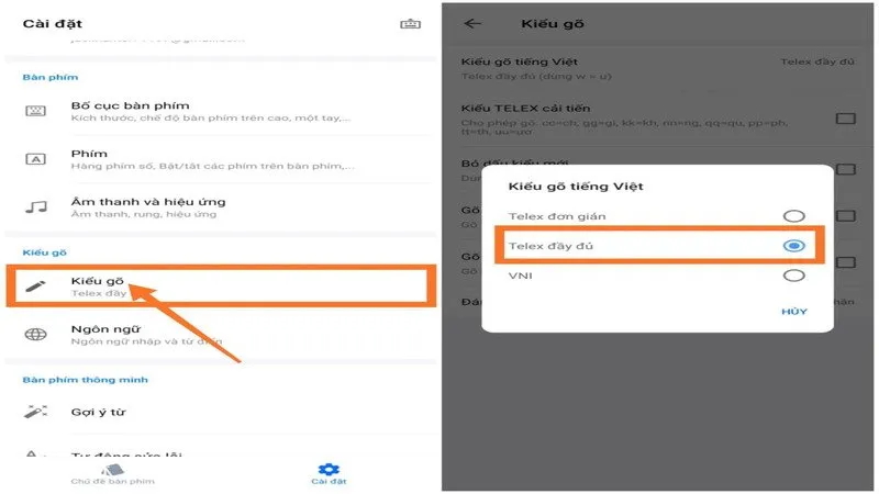 Laban Key Android: Cài đặt > Kiểu gõ > Kiểu gõ tiếng Việt