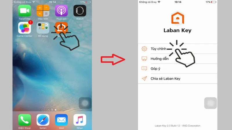 Laban Key iOS: Mở ứng dụng > Tùy chỉnh
