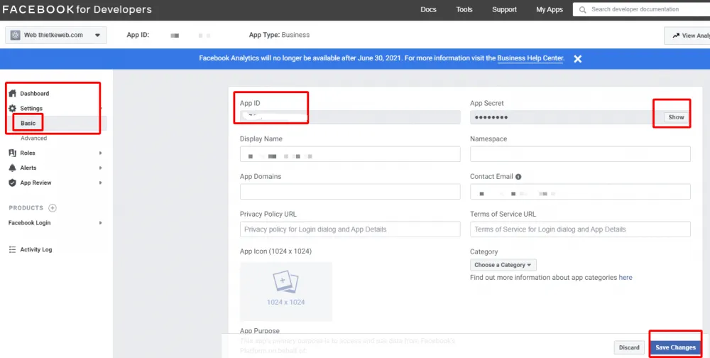 Lấy App ID và App Secret Key trong phần Cài đặt cơ bản